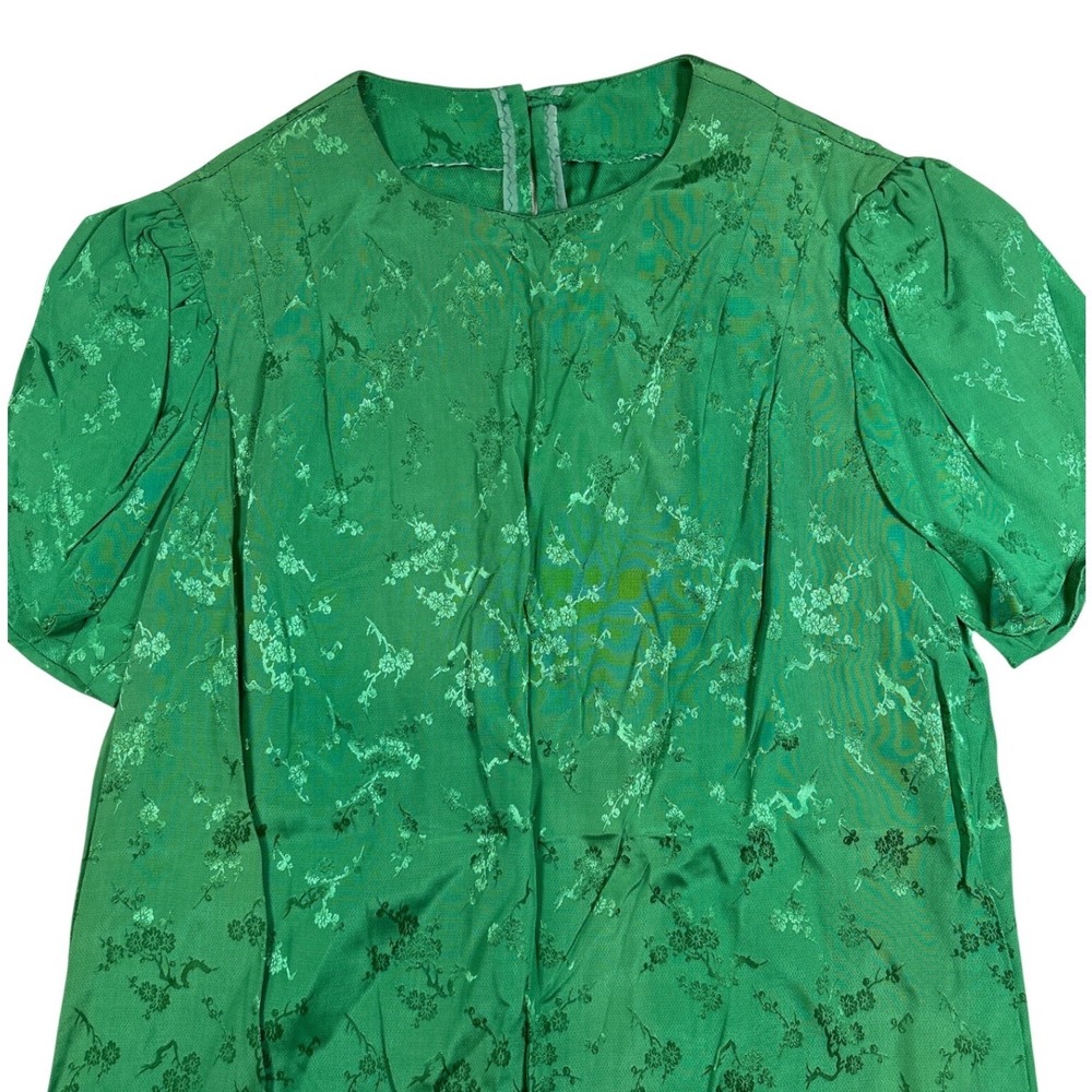 Handmade Mennonite Dress Green Floral Jacquard Petal Sleeve‎ Modest Midi Dress